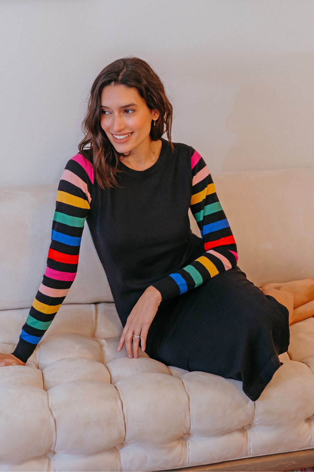 Liselle Knit Midi Dress - Black, Rainbow Sleeves